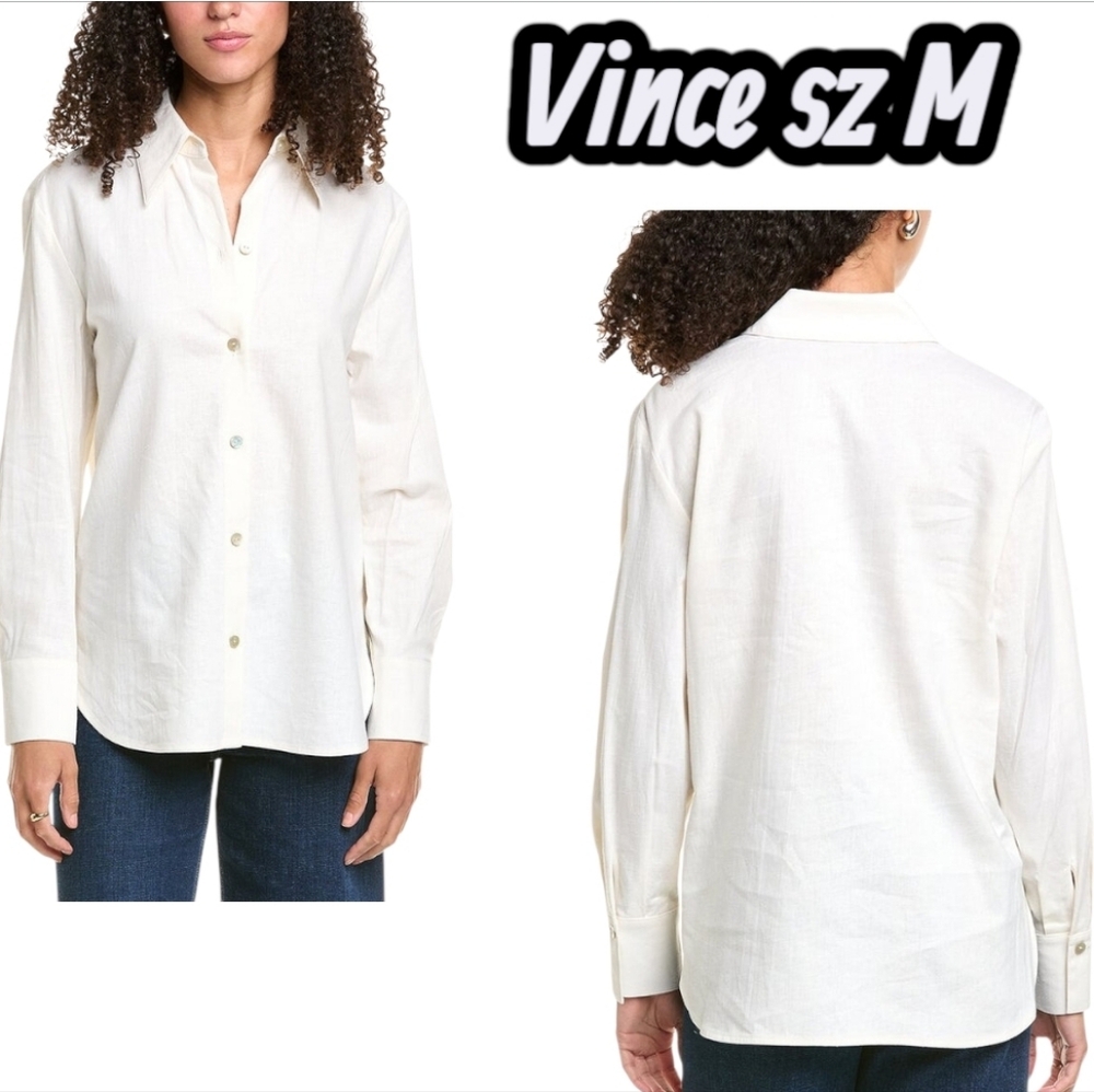 Vince Relaxed Button-Down Linen-Blend Shirt Optic White M